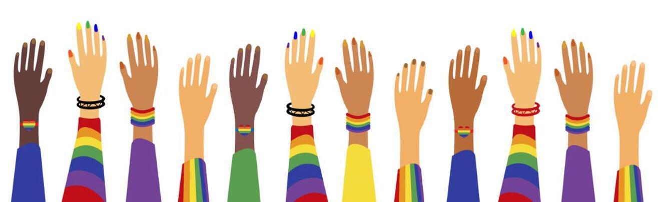 racially diverse hands with LGBTQ colors